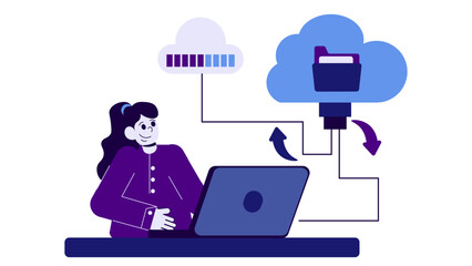 Fototapeta premium A businesswoman working on a laptop connected to cloud storage and a loading bar for data synchronization and security