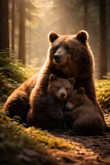Obraz premium Majestic mother brown bear hugging and protecting her two cute cubs in sunny pine forest, wildlife family and motherhood love concept.