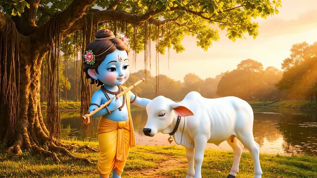 Charming cartoon little krishna gently pets a white calf, bathed in golden light near a riverbank.