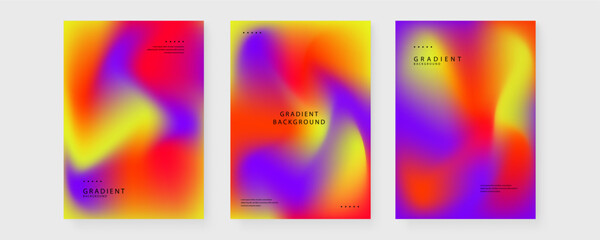 Obraz premium Set of three abstract gradient posters featuring bold yellow purple and red hues for branding