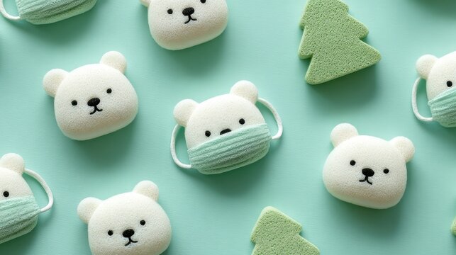 Cute polar bear marshmallows with face masks and Christmas trees on a mint green background.