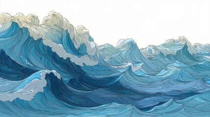 Obraz premium Abstract Geometric Seascape with Layered Blue Waves and White Peaks Digital Art