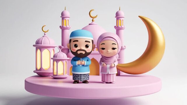 3D Cartoon Muslim Couple Celebrating Ramadan.