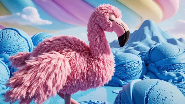 Sweet fantasy flamingo standing amidst blue ice cream landscape under pastel skies in whimsical scene with fluffy clouds and vibrant colors creating surreal atmosphere.