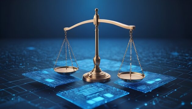 Unbiased artificial intelligence, Scales of Justice in Digital World Concept. Digital illustration Scales on futuristic blue data network background. Fairness and equality, created with generative ai