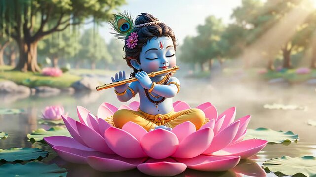 Little krishna, the blue-skinned god, serenely plays his flute on a pink lotus in a lush forest.