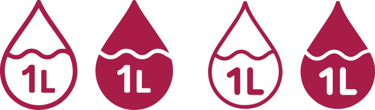 A set of four maroon drop shaped icons indicating one liter liquid volume measurement