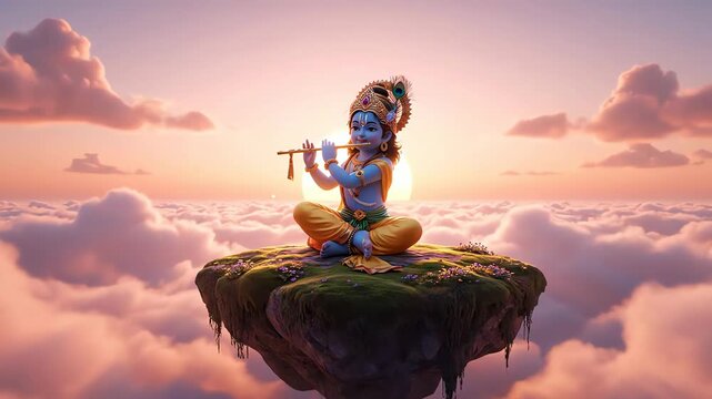 Digital art of little krishna playing the flute serenely on a floating rock above pink clouds at sunset.