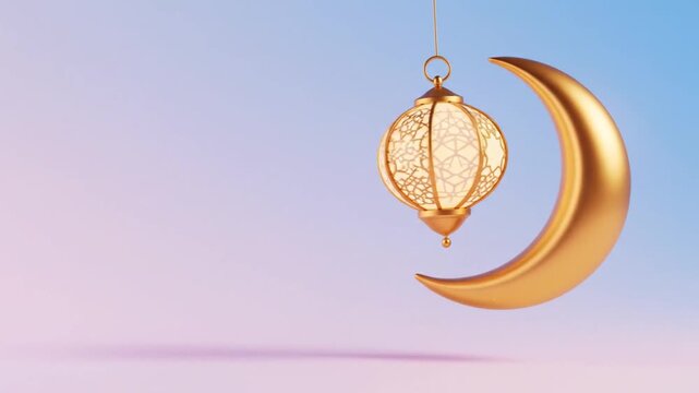 Golden Lantern Hanging Near Crescent Moon.