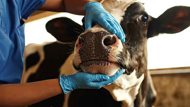 Veterinarian examines cows head closely.