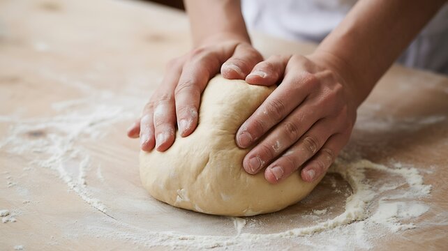 A person kneading dough on a floured surface.