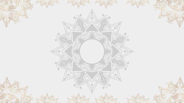 Minimalist White Islamic Background Animation with Rotating Grey and Gold Mandala Ornaments and Intricate Geometric Patterns, Elegant Motion Graphics for Ramadan Kareem and Eid Mubarak.
