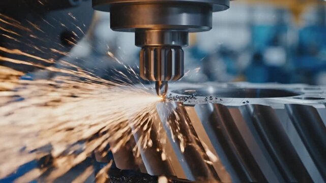 Ultra realistic macro shot of CNC machining process metal gear being milled by precision cutting head slow motion sparks and metal chips flying detailed steel surface texture industrial factory settin