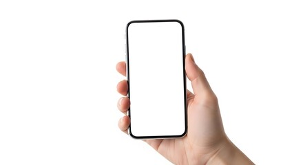 A hand holding a smartphone with a blank white screen