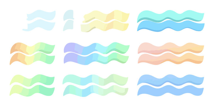 Conjunto de fitas onduladas coloridas e transparentes em tons past&eacute;is para design gr&aacute;fico e elementos decorativos modernos sobre fundo branco isolado.