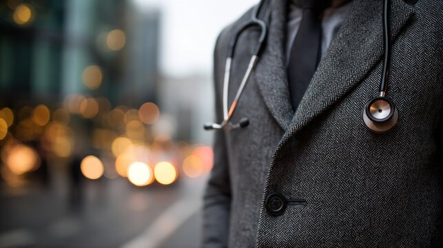 Doctor with Stethoscope in Urban Setting.