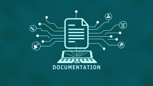 Digital documentation concept with cloud document system, centralized data management and enterprise IT infrastructure.