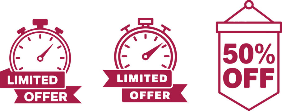 Three deep red promotional icons signify a limited time offer and a generous fifty percent discount