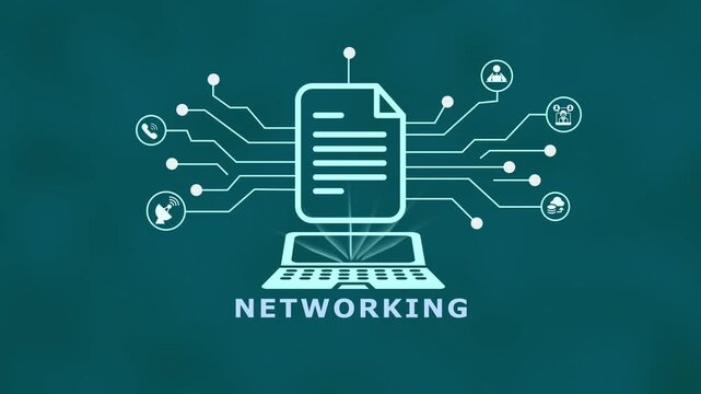 Networking concept with cloud document system, connected digital nodes and enterprise IT communication infrastructure.