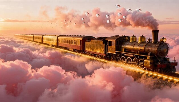 cinematic vintage steam locomotive traveling on golden light railroad above pink clouds