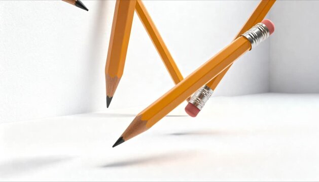 surreal looping animation of oversized pencils floating and rotating in a white space