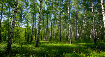 Bright woods with white bark trees and green leaves