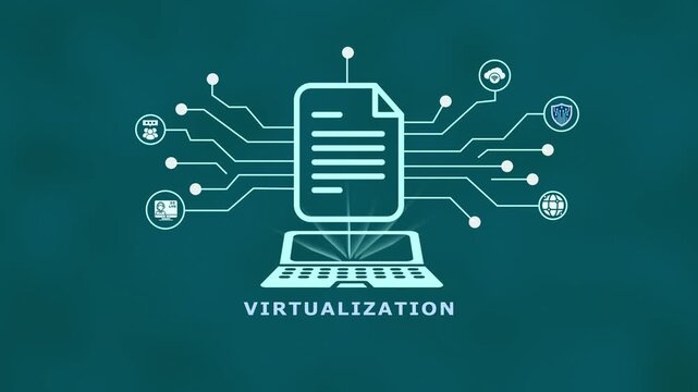 Virtualization technology concept with cloud document server, connected systems, network integration and digital enterprise IT environment.