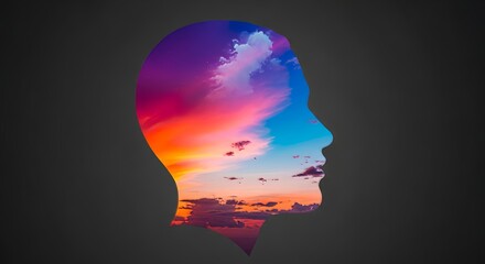 Conceptual artistic silhouette profile layered with a vibrant, dreamy skyscape, symbolizing deep thought, emotion, and spirituality, thought, imagination, orange