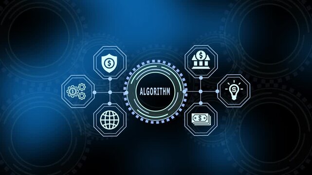 Financial algorithm concept with automated fintech payment processing, data driven banking system and digital interface.