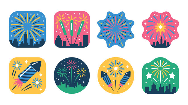 Fireworks app icon set with night sky squares, city skyline, colorful bursts, festive celebration graphics for New Year events