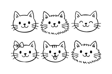 Fototapeta premium Set of six adorable hand-drawn cat faces with various expressions.