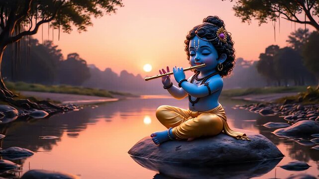 Stylized little krishna playing his flute on a river rock, bathed in the serene golden light of a forest sunrise.