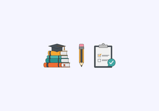 Vector Ilustration idea Concept Educational Tools and Academic Achievement - Books, Pencil, and Checklist Illustration.