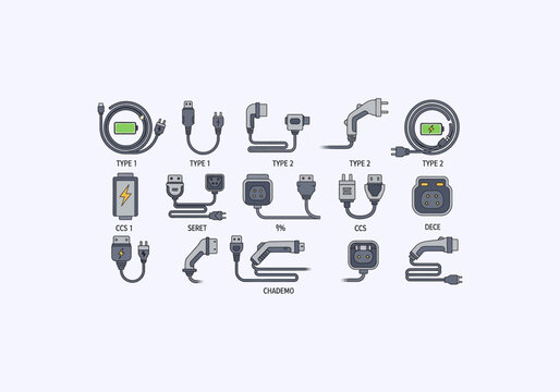 Vector Ilustration idea Concept Electric Vehicle Charging Connectors - Types and Standards.