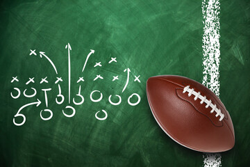 Detailed football play diagram with a ball on a chalkboard © Atlas