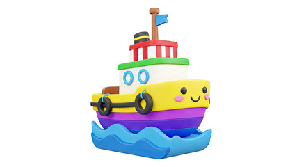 Obraz premium Cute Cartoon Tugboat with Happy Face on Waves