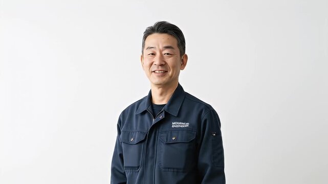 Portrait of a Smiling Asian Man in Workwear Against White Background.