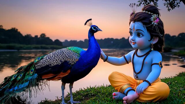 Serene golden hour illustration shows little krishna gently petting a vibrant peacock by a riverbank.