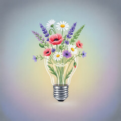Wildflower bouquet growing inside a light bulb Creative idea concept