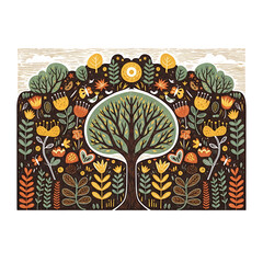 Stylized Folk Art Tree of Life and Floral Border Illustration © bryanwisnu
