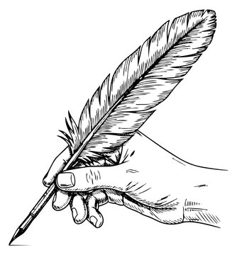 Hand drawn line art illustration of a hand holding a feather quill depicting writing for historical and literary themes