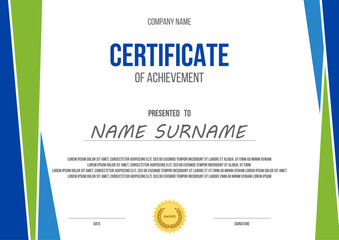 Fototapeta premium certificate of achievement vector template, geometric shapes on white background, ready to print a4 paper corporete award mockup