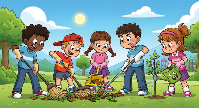 Group of happy children working together to clean and maintain a park garden under a bright sun