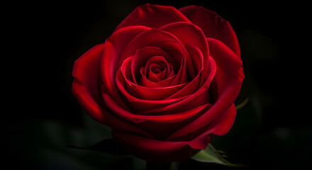 A close-up, detailed shot of a single vibrant red rose with its petals unfurling against a dark, dramatic background.
