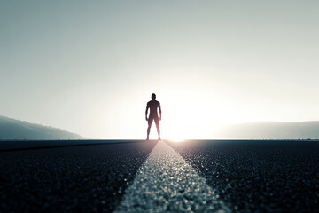 真っ直ぐな道の先にある日の出に向かって立つ人物のシルエット。挑戦と希望のコンセプト
