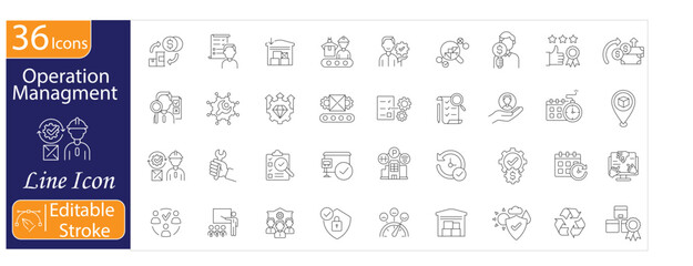 Operation Management Icons Set, Workflow Optimization, Inventory Control, Quality Assurance, Logistics Planning, Task Scheduling, Resource Management, Performance, Editable Stroke Vector Illustration. © Fluxe frame