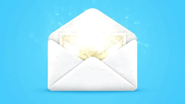 Elegant Open White Envelope with Textured Paper Inside on Bright Blue Background Communication and Invitation Concept