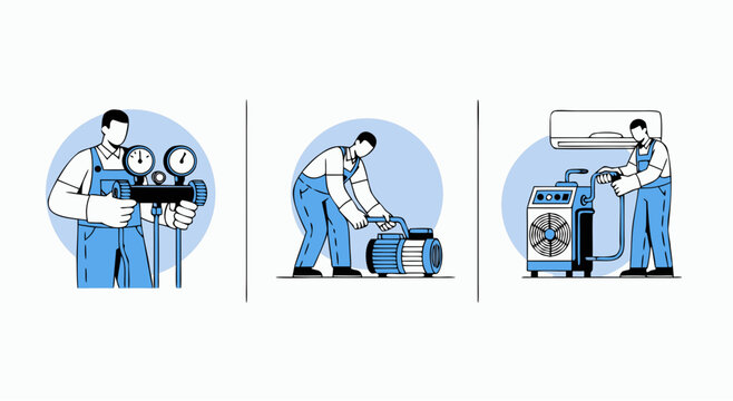 Three skilled technicians perform various maintenance tasks, including checking gauges, working on machinery, and servicing an AC unit.