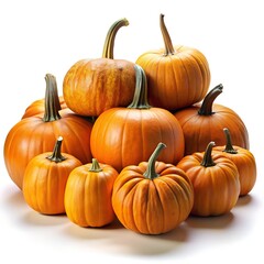 A vibrant pile of small orange pumpkins on a white background