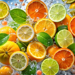 Vibrant citrus fruits in icy water